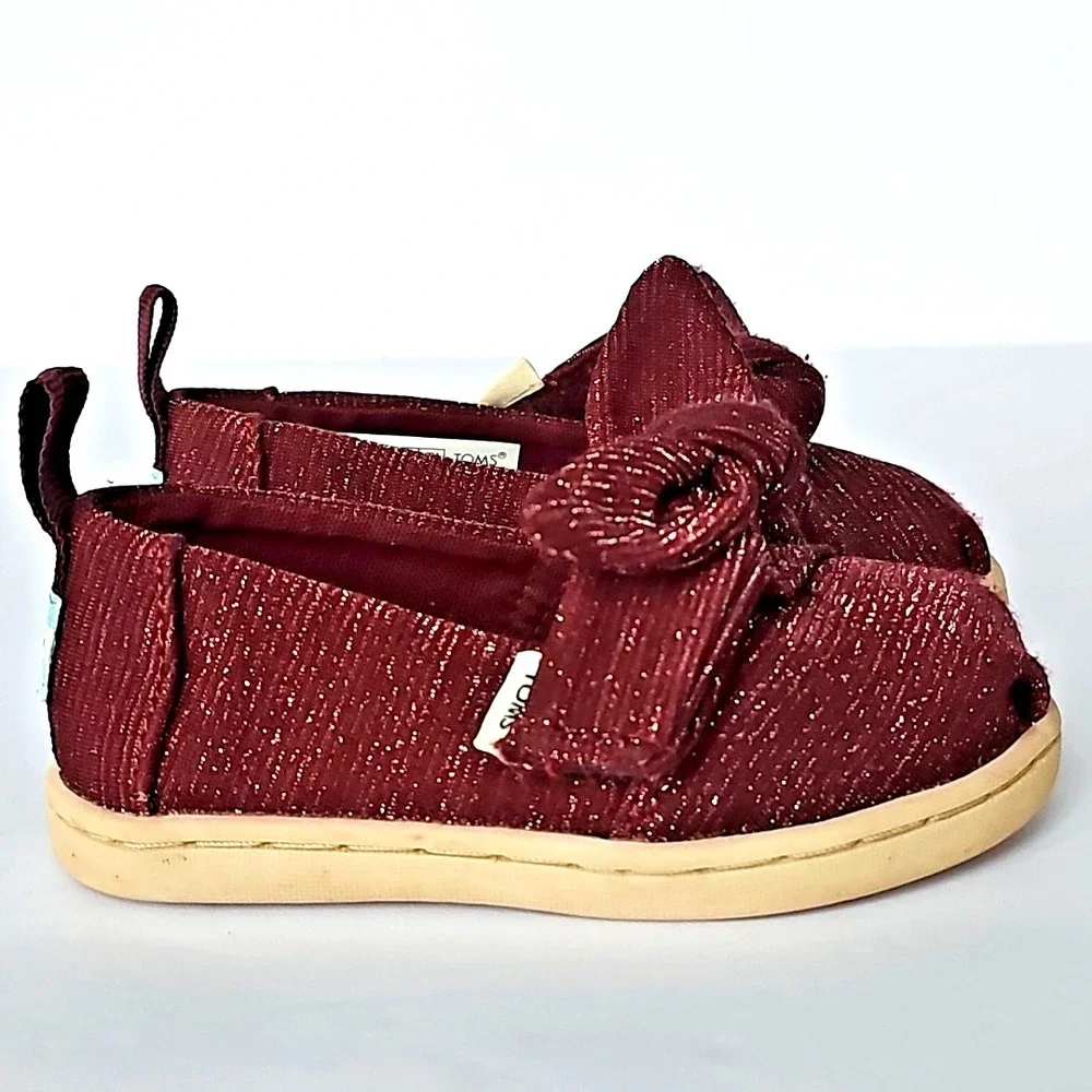 Toddler TOMS Burgundy Shimmer Bow Slip On Alpargata Shoes Size 5 Holiday Sparkle